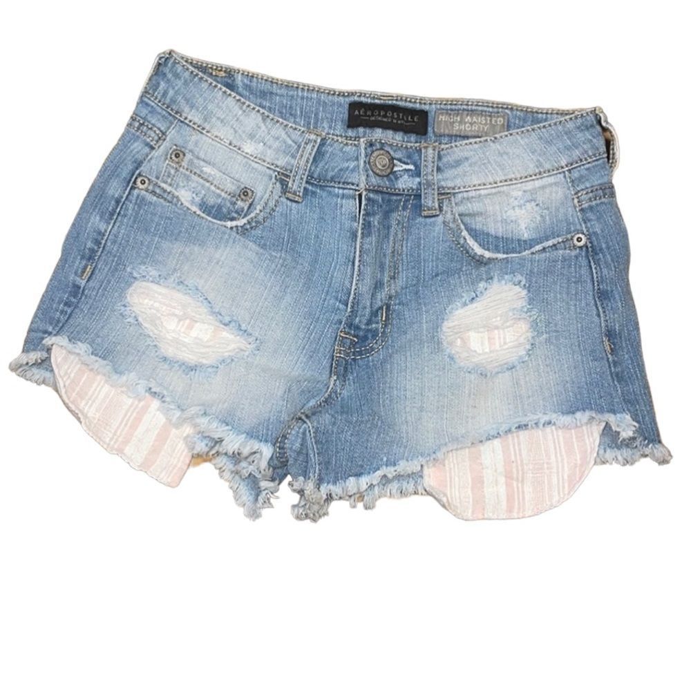 •AEROPOSTALE•NWOT HIGH WAISTED SHORTY DISTRESSED SHOWN POCKETS DENIM SHORTS 00